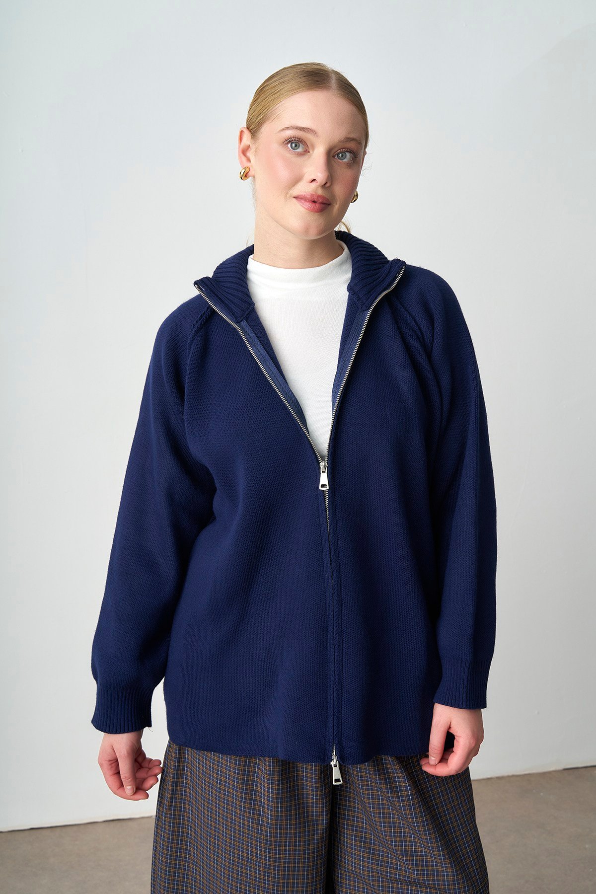 Molly Nelly Kadın Oversize Triko Çift Fermuarlı Hırka