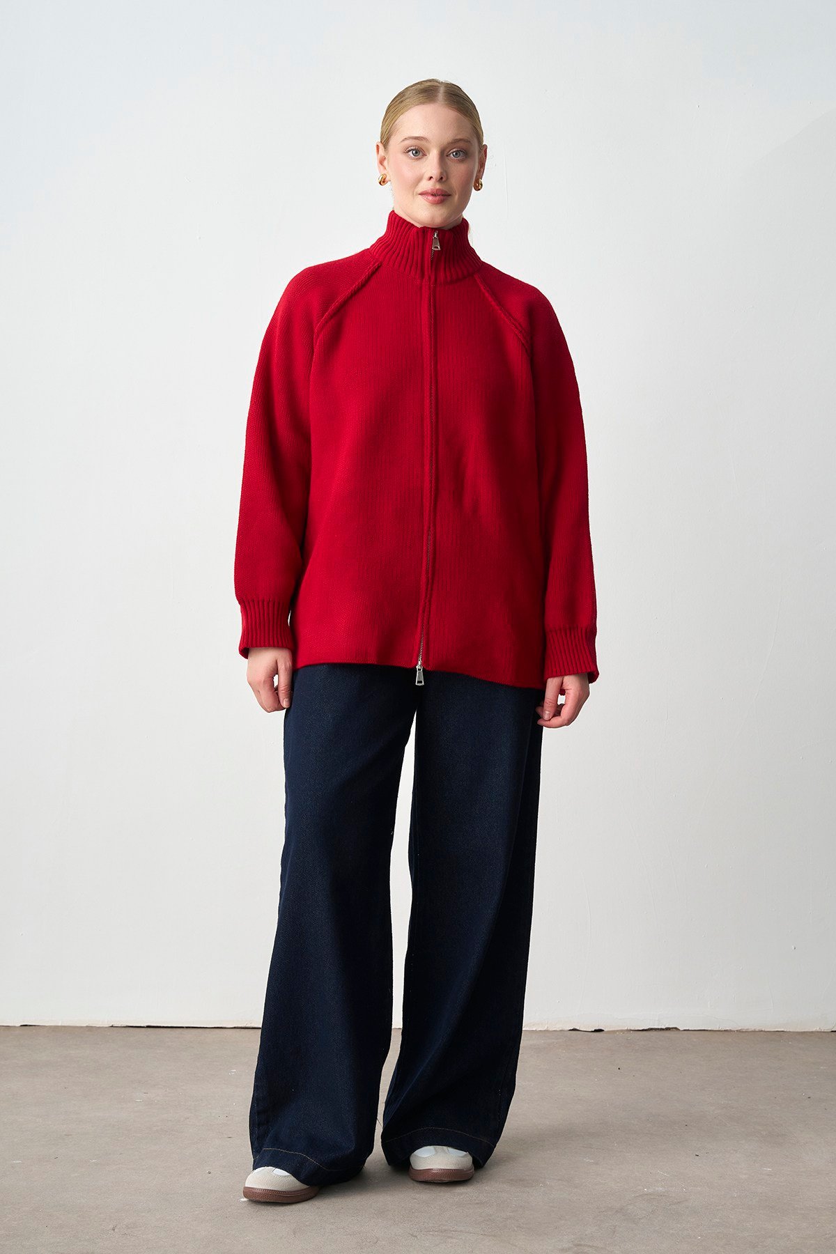 Molly Nelly Kadın Oversize Triko Çift Fermuarlı Hırka