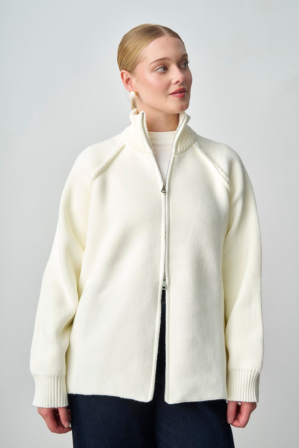 Molly Nelly Kadın Oversize Triko Çift Fermuarlı Hırka