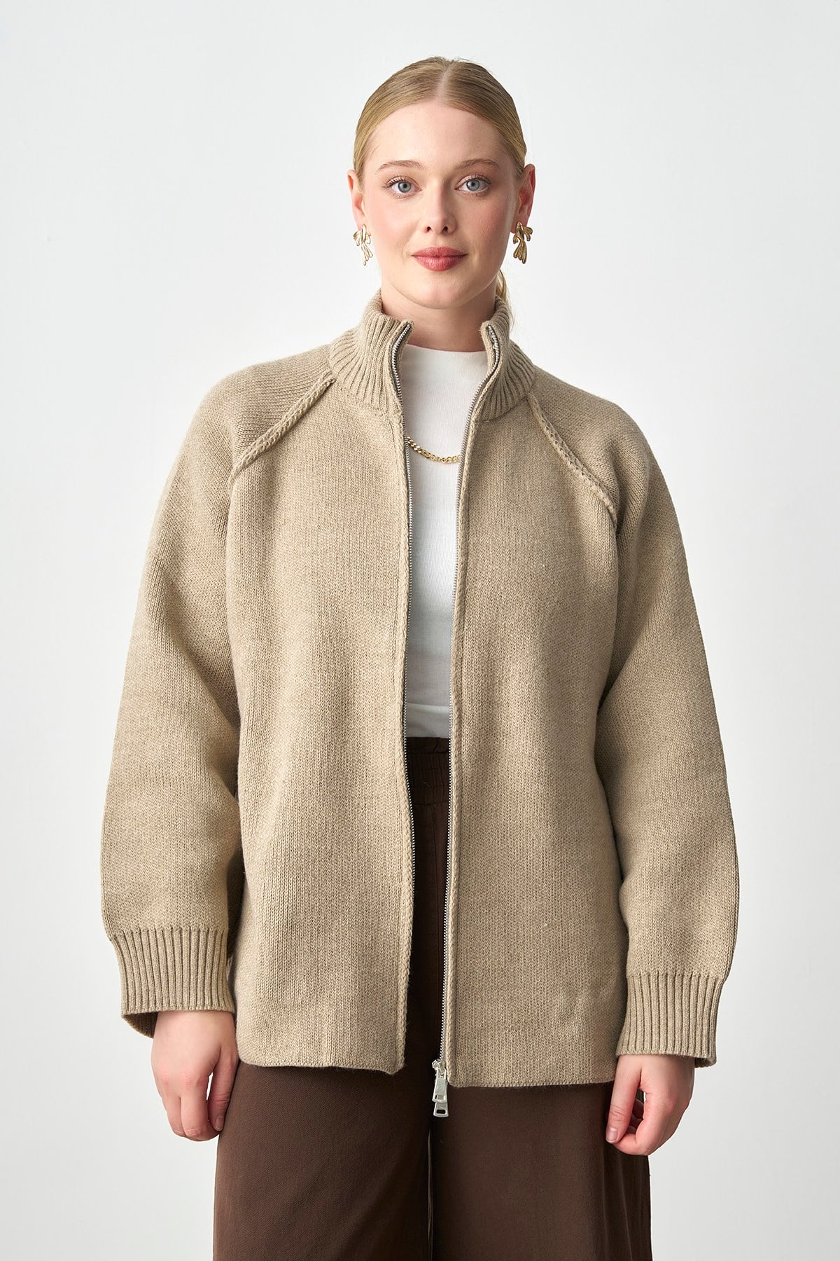 Molly Nelly Kadın Oversize Triko Çift Fermuarlı Hırka