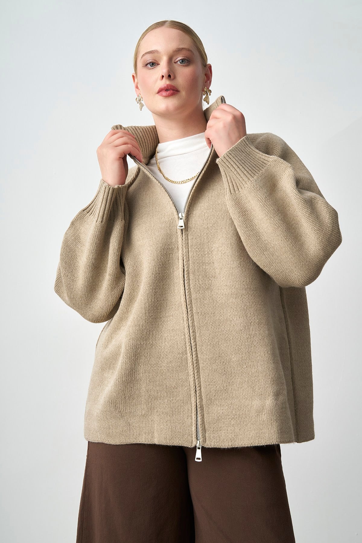 Molly Nelly Kadın Oversize Triko Çift Fermuarlı Hırka
