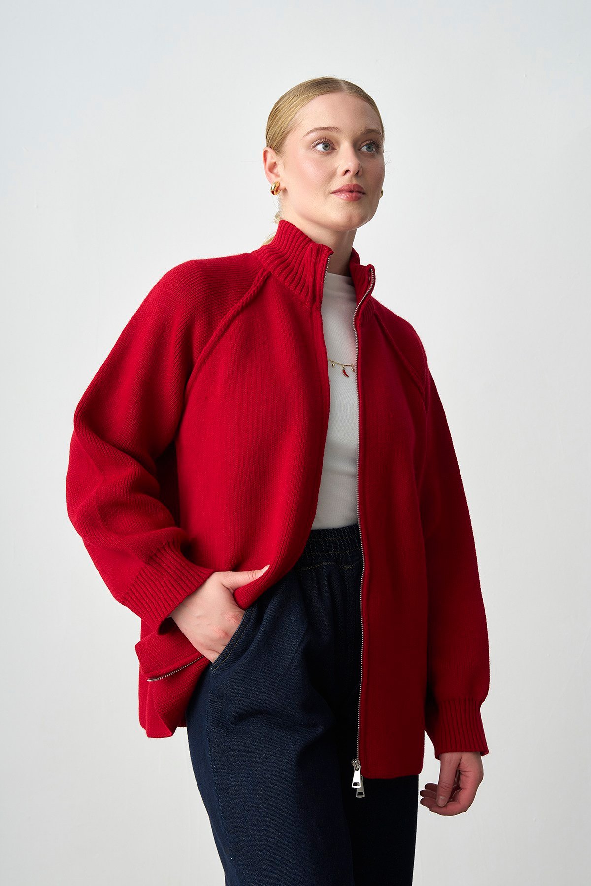 Molly Nelly Kadın Oversize Triko Çift Fermuarlı Hırka