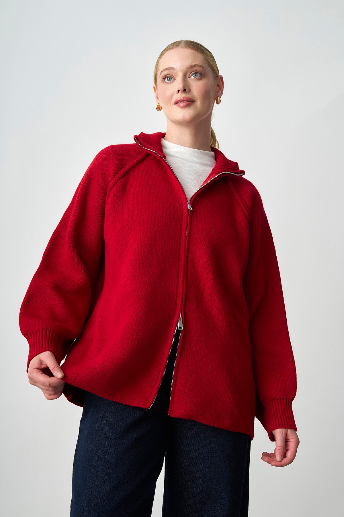 Molly Nelly Kadın Oversize Triko Çift Fermuarlı Hırka