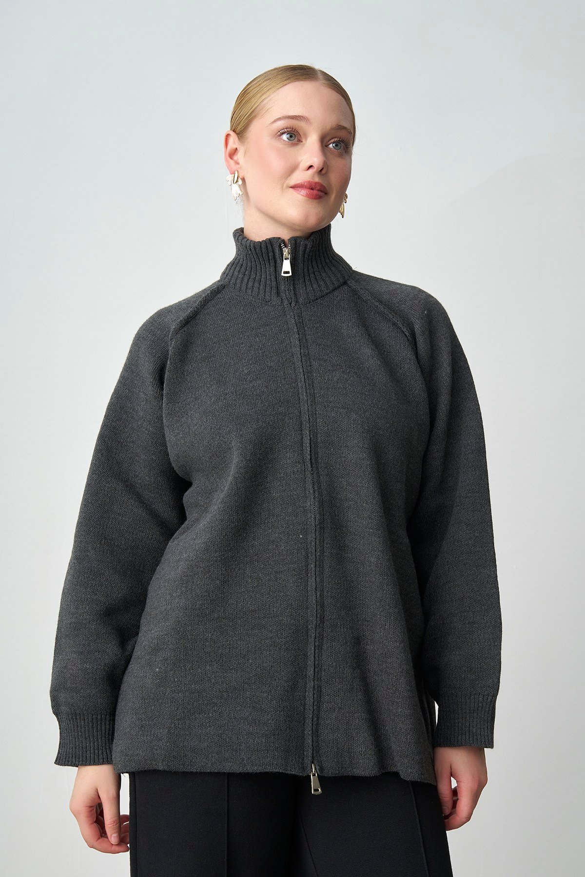 Molly Nelly Kadın Oversize Triko Çift Fermuarlı Hırka