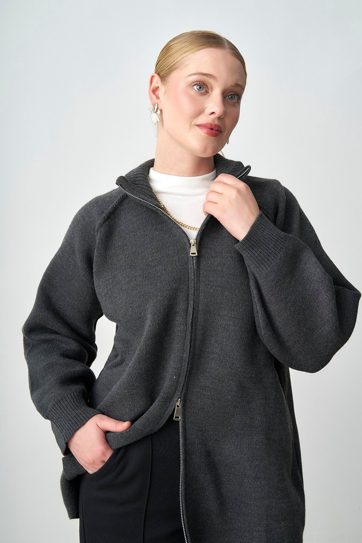 Molly Nelly Kadın Oversize Triko Çift Fermuarlı Hırka