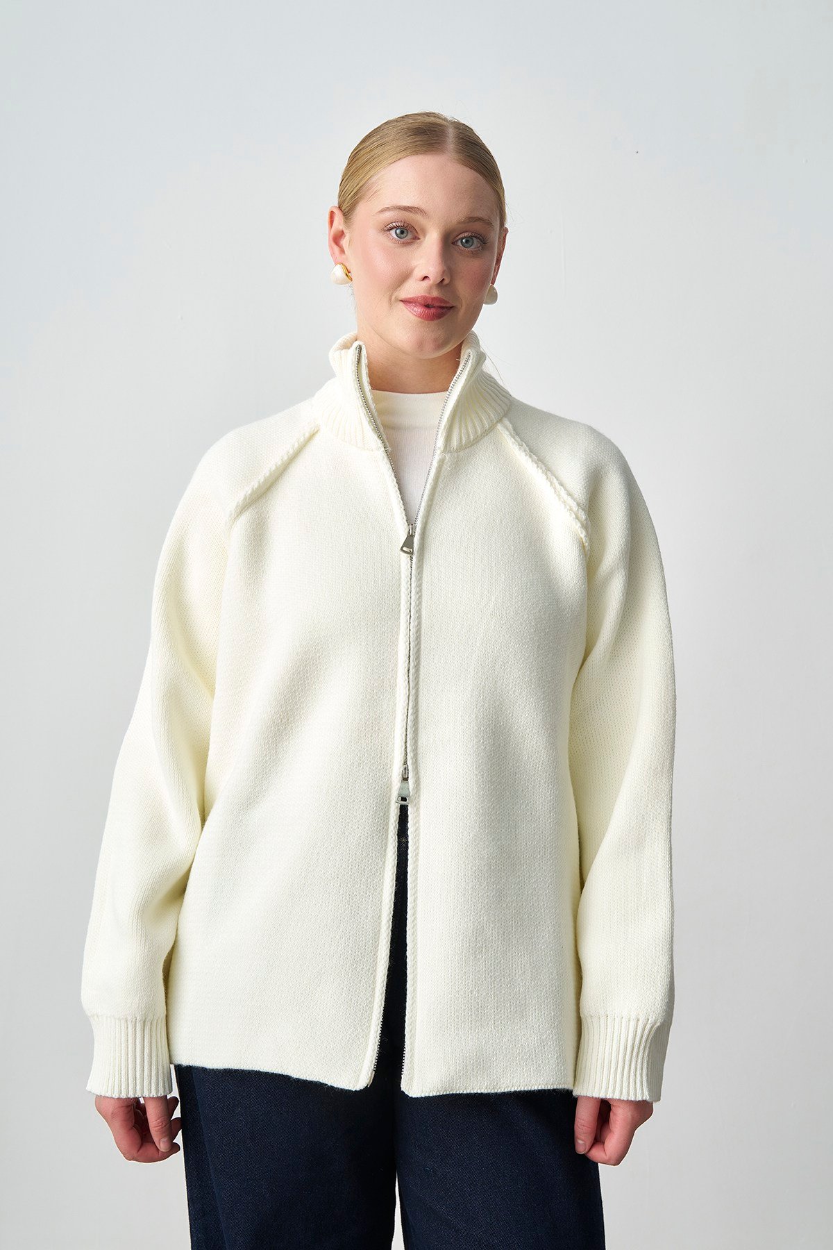 Molly Nelly Kadın Oversize Triko Çift Fermuarlı Hırka