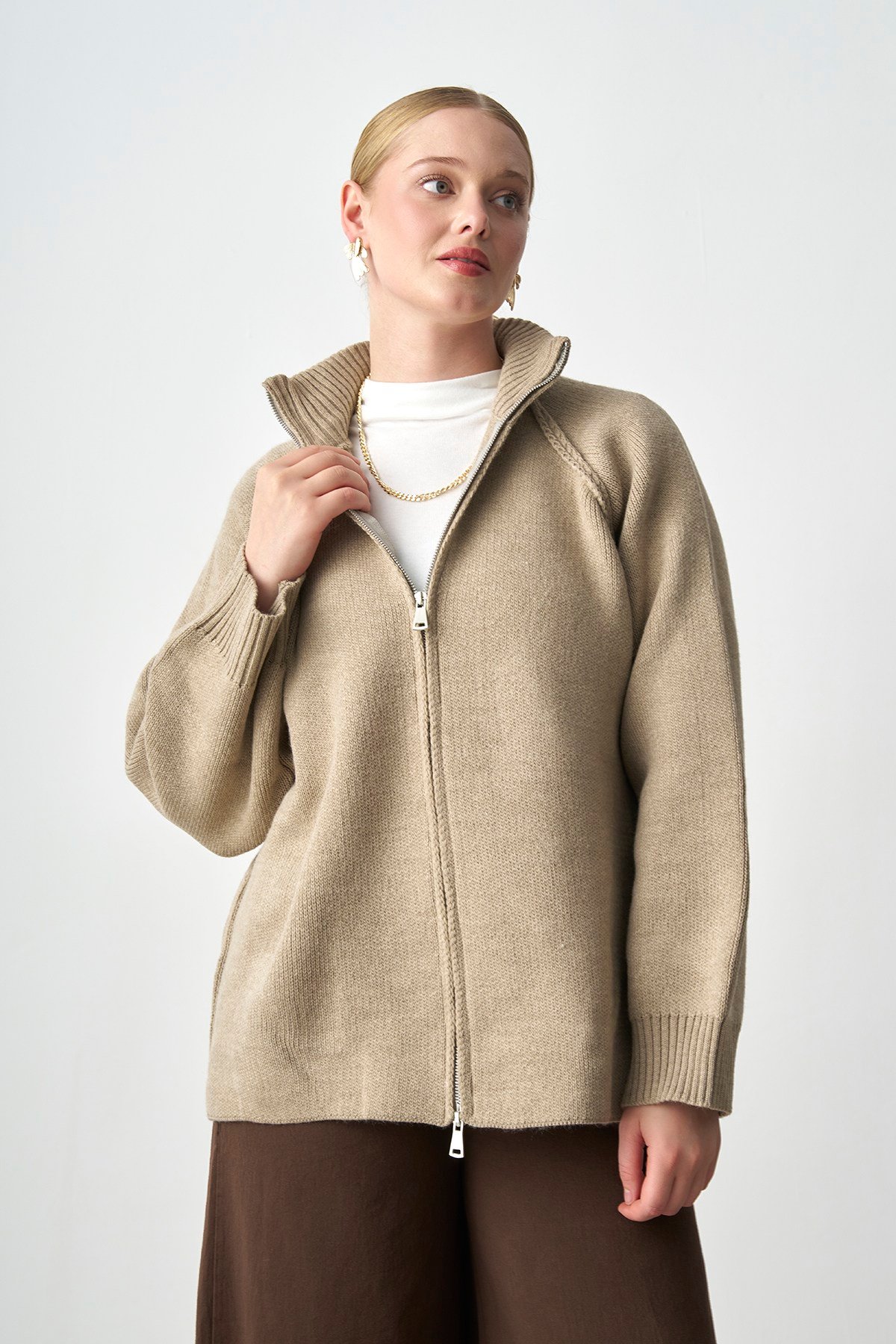 Molly Nelly Kadın Oversize Triko Çift Fermuarlı Hırka