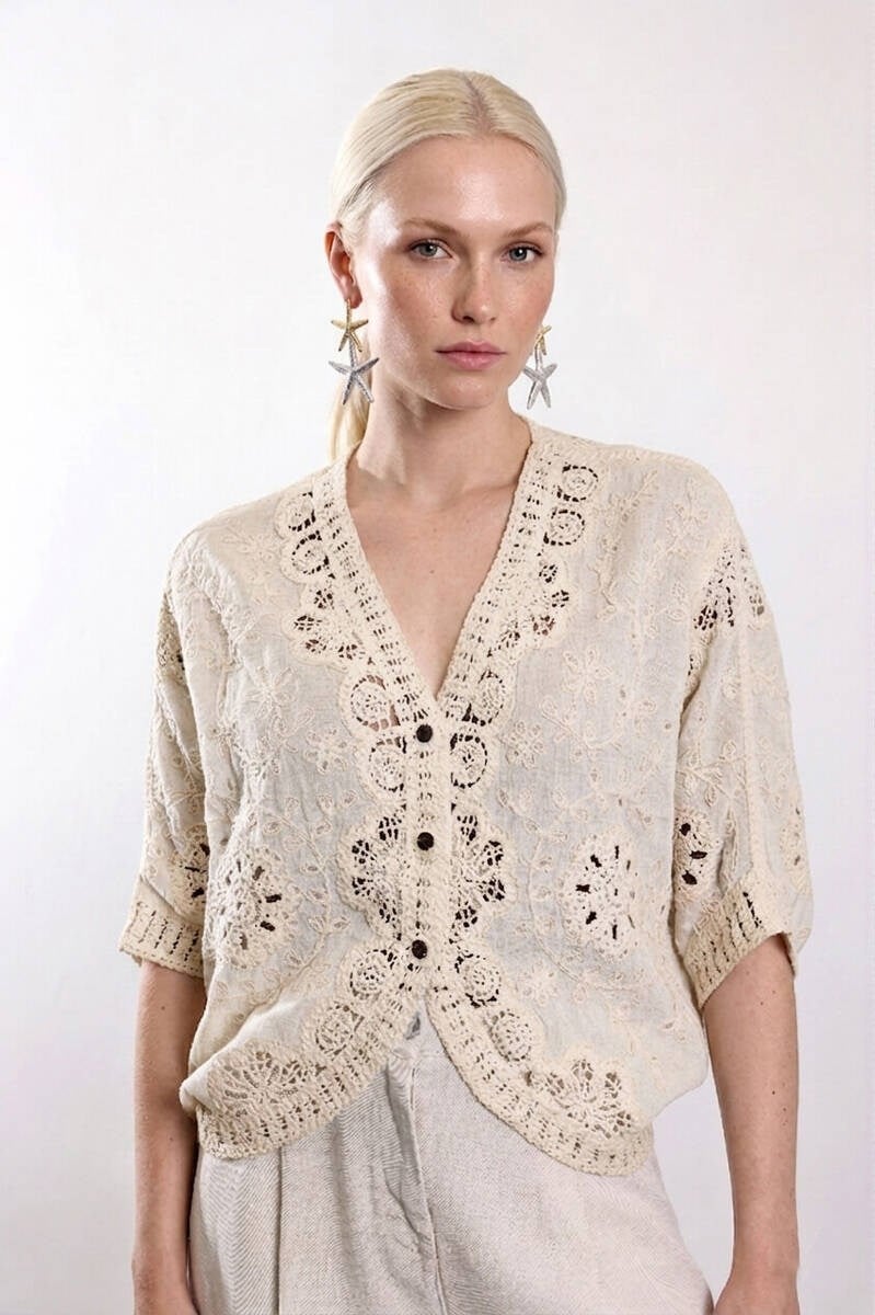 Naturel Dantel Nakışlı Kimono