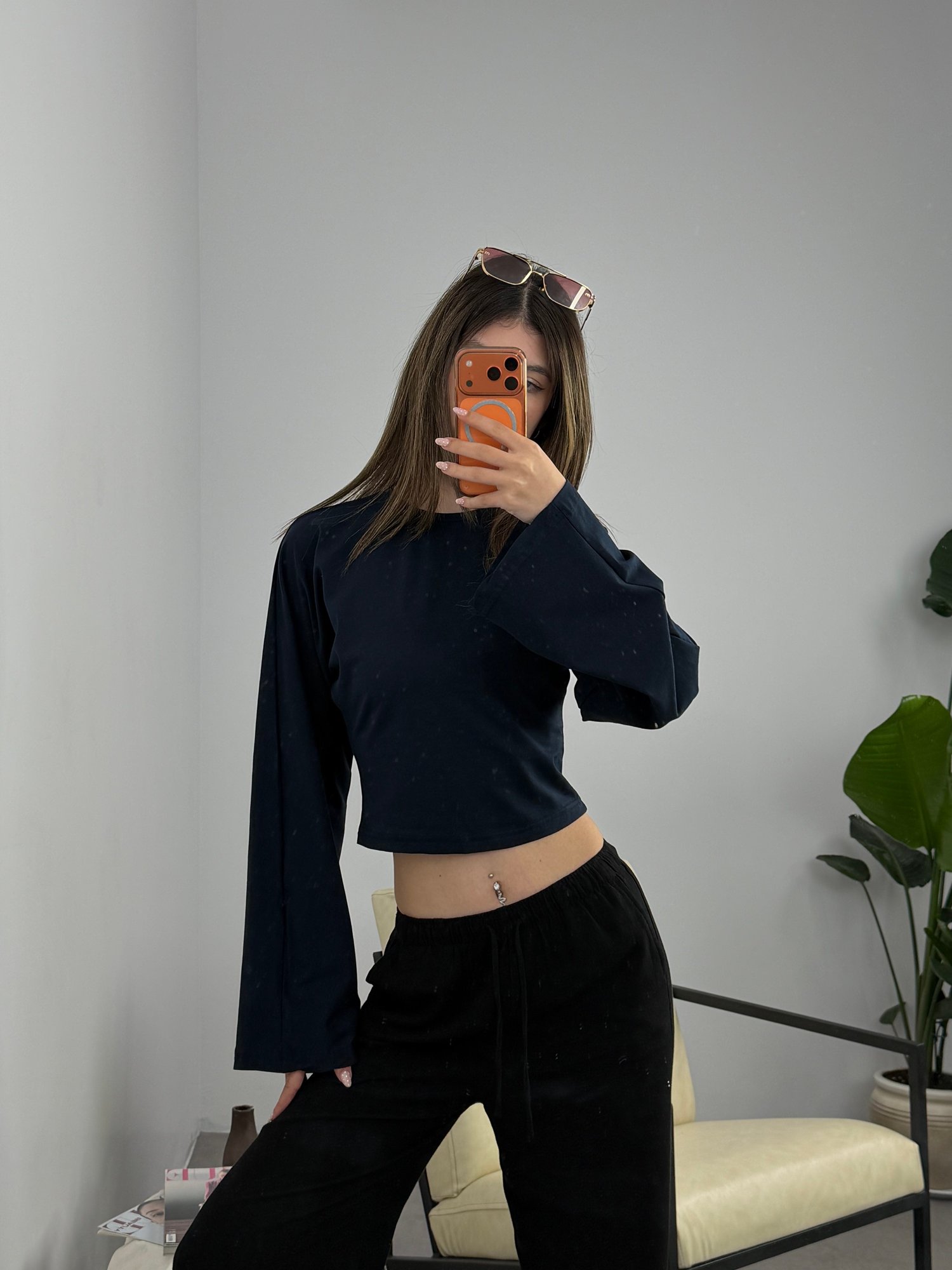 Esnek Fit Crop Bluz Siyah