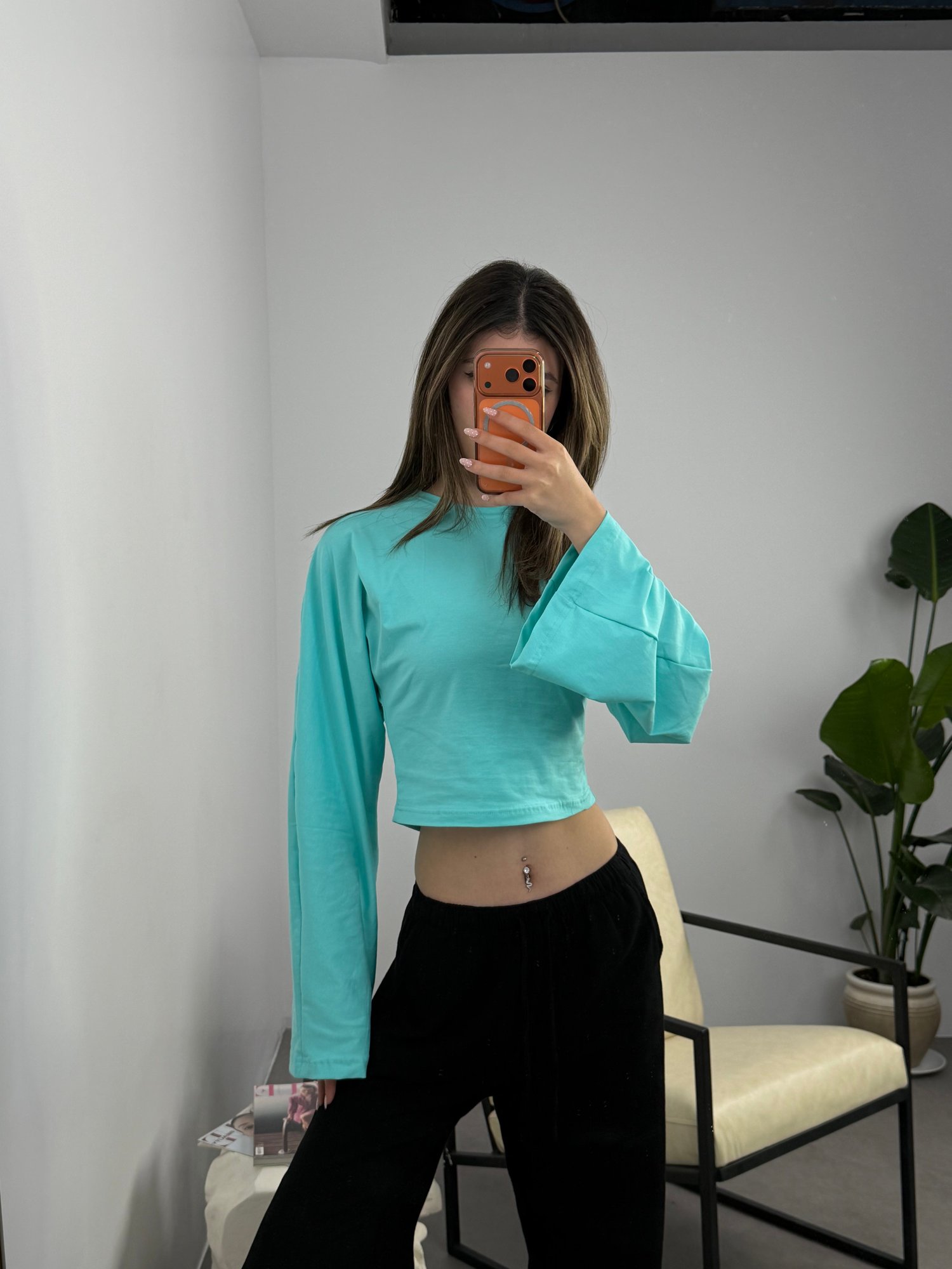 Esnek Fit Crop Bluz Turkuaz
