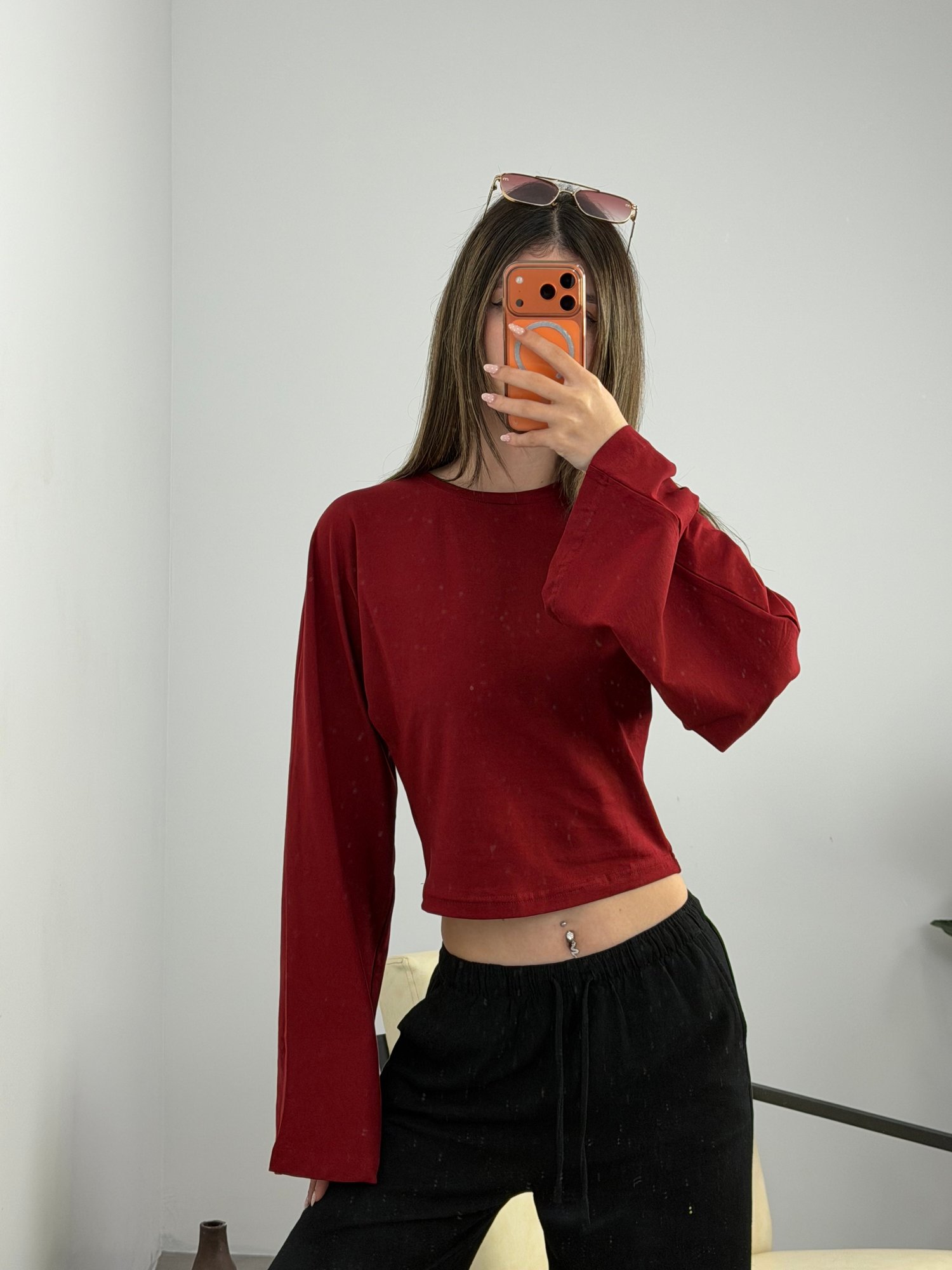 Esnek Fit Crop Bordo