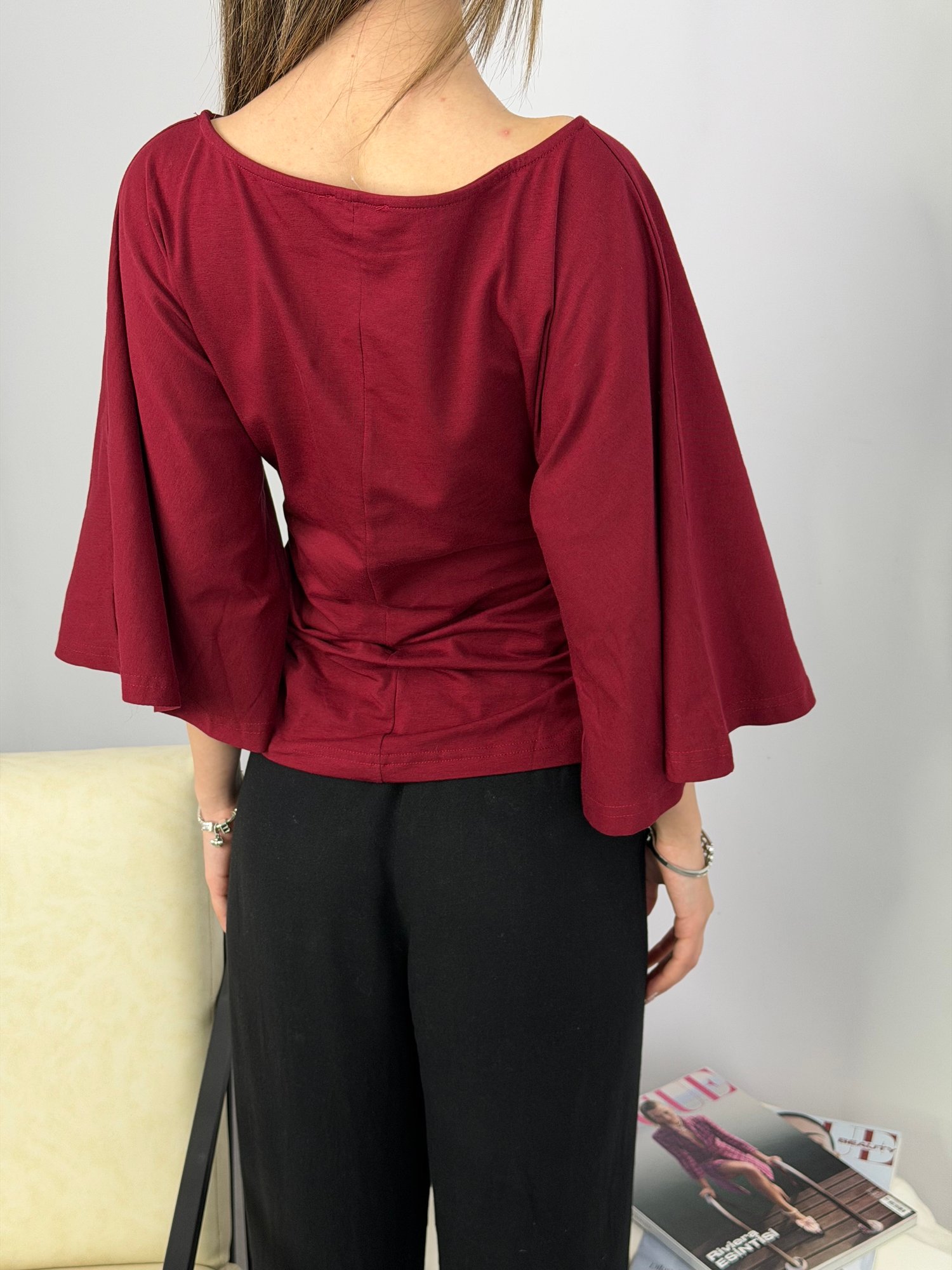 Flare Kol Drapeli Bluz Bordo