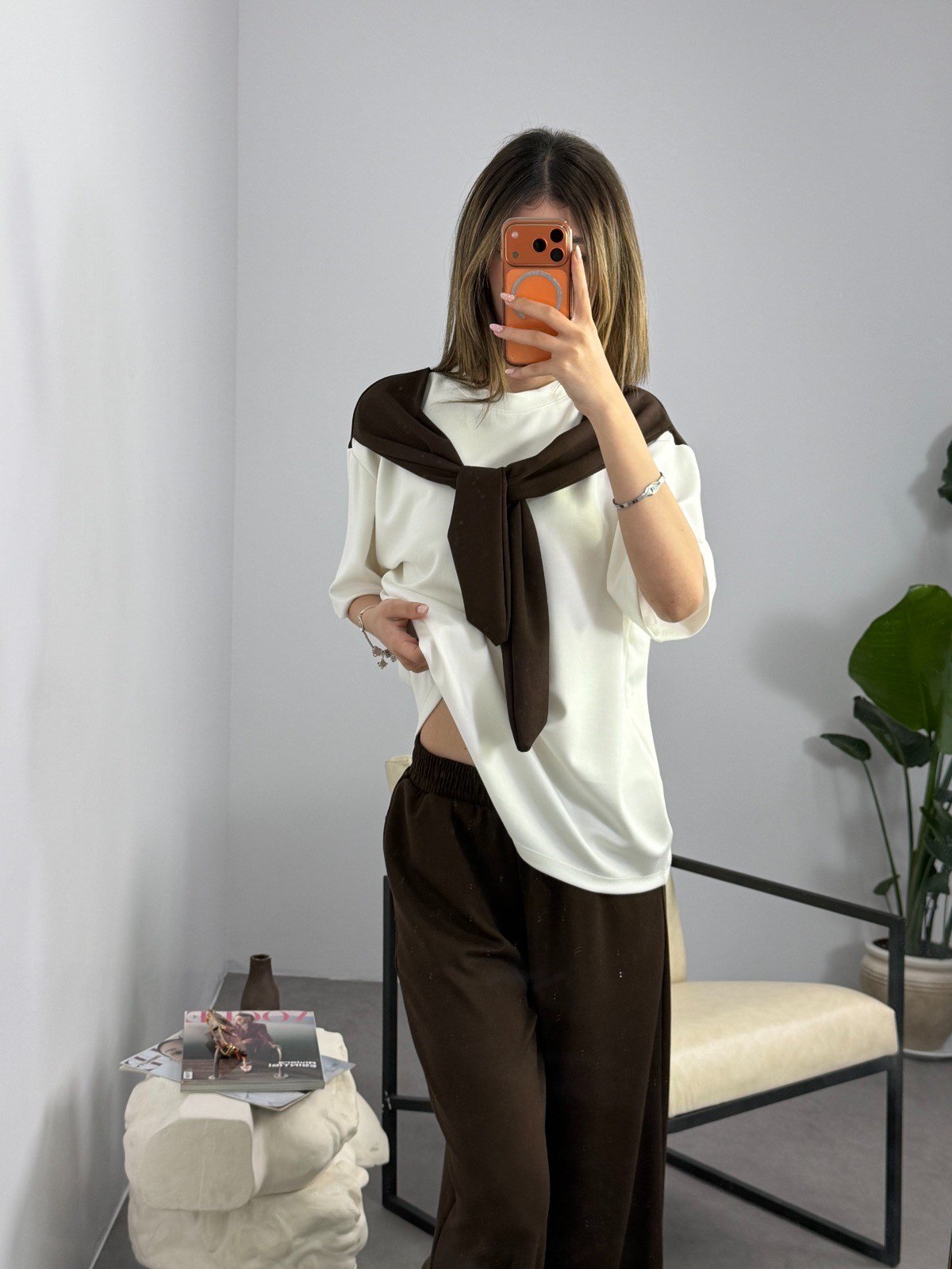 Fular Detaylı Modal Takım Acı Kahve