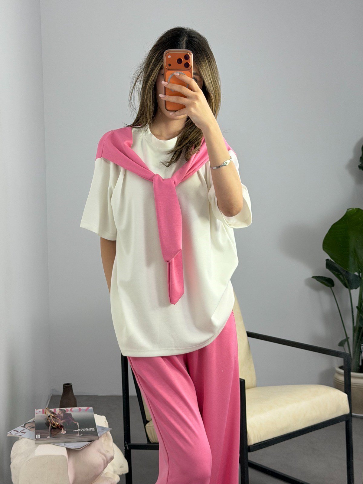 Fular Detaylı Modal Takım Pembe