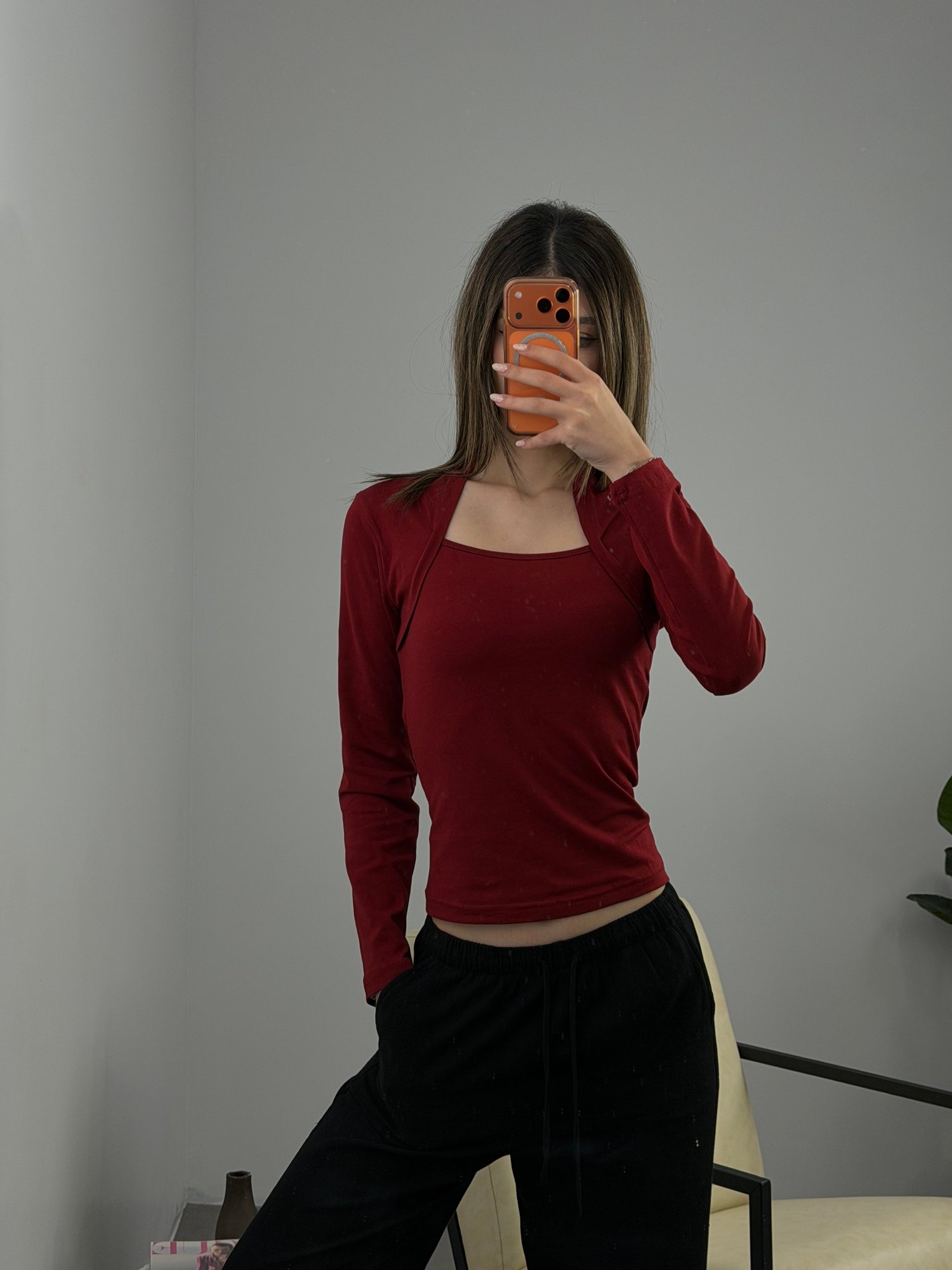 Modern Kare Yaka Bluz Bordo