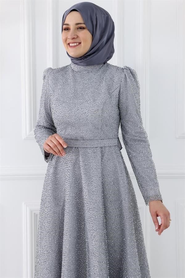 Amine Hüma Aymira Tesettür Abiye Gri