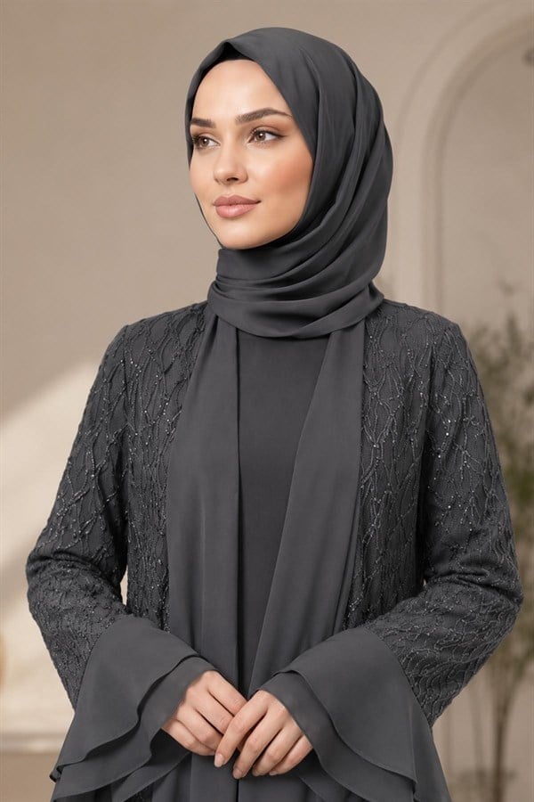 Amine Hüma Burcu Kolu Volanlı Abiye Antrasit