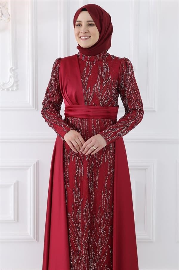 Amine Hüma Bürde Abiye Elbise Bordo