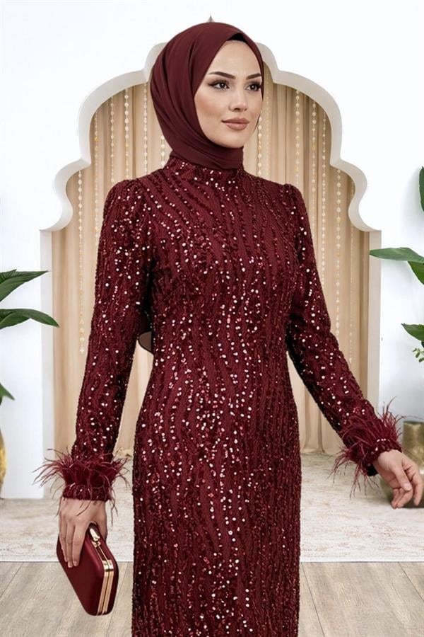 Amine Hüma Eslem Abiye Elbise Bordo