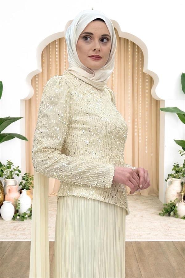 Amine Hüma Masal Abiye Elbise Ekru