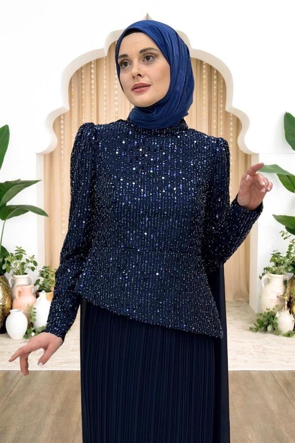 Amine Hüma Masal Abiye Elbise Lacivert