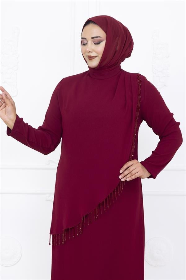 Amine Hüma Melek Abiye Elbise Bordo
