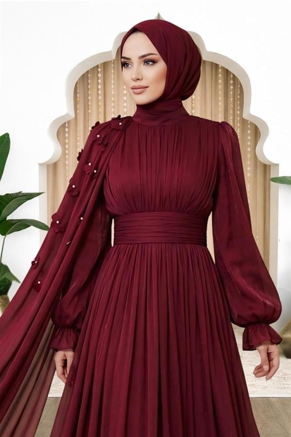 Amine Hüma Mina Abiye Elbise Bordo