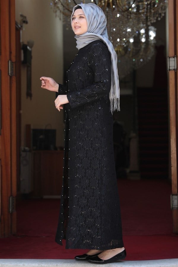 Amine Hüma Papatya Tesettür Abiye Elbise Siyah