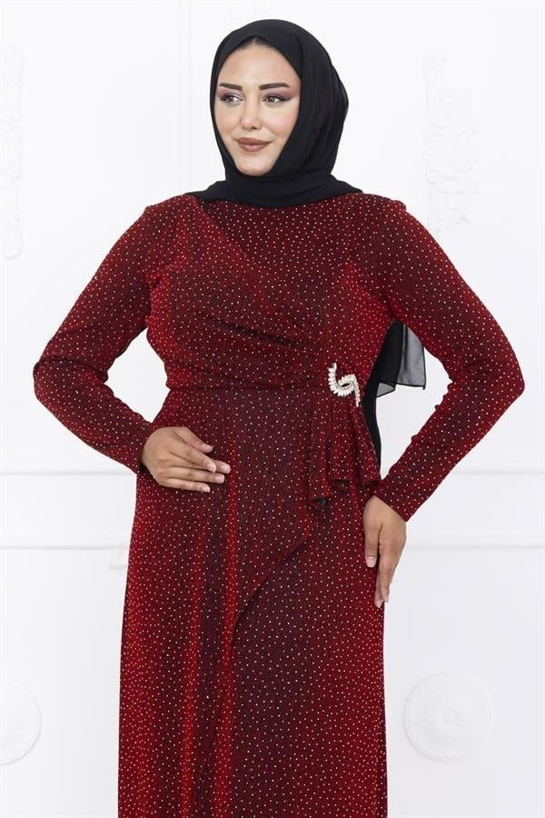 Amine Hüma Roza Abiye Elbise Bordo