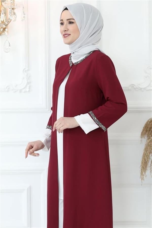 Amine Hüma Taş İşlemeli Ceket Bordo