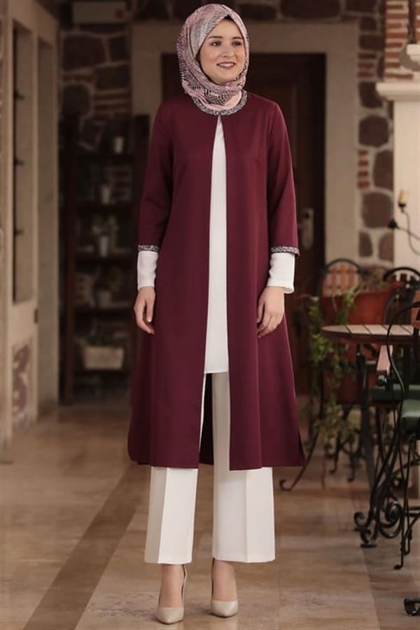 Amine Hüma Taş İşlemeli Ceket Mürdüm