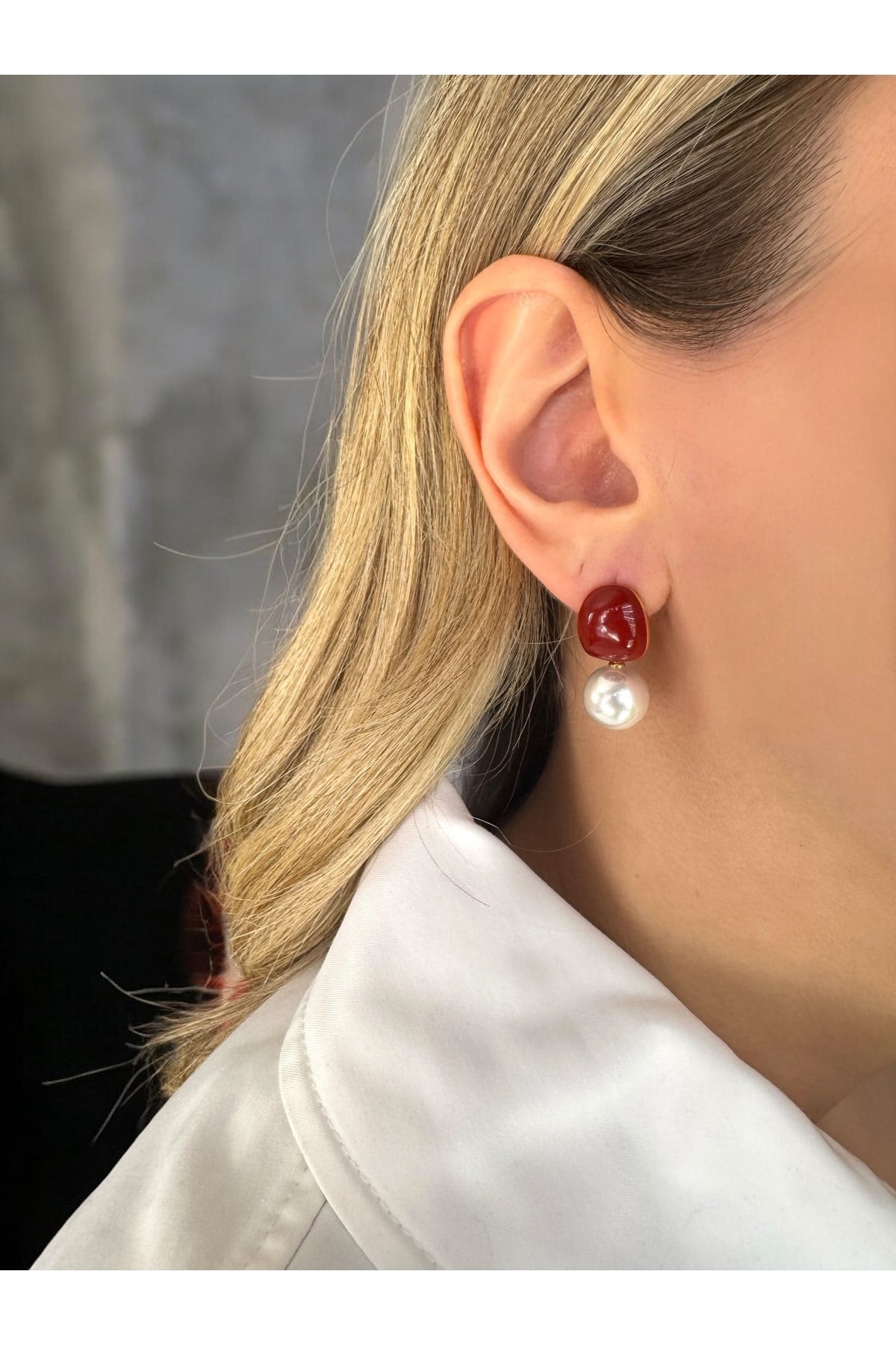 Bordo Taşlı ve İncili Küpe