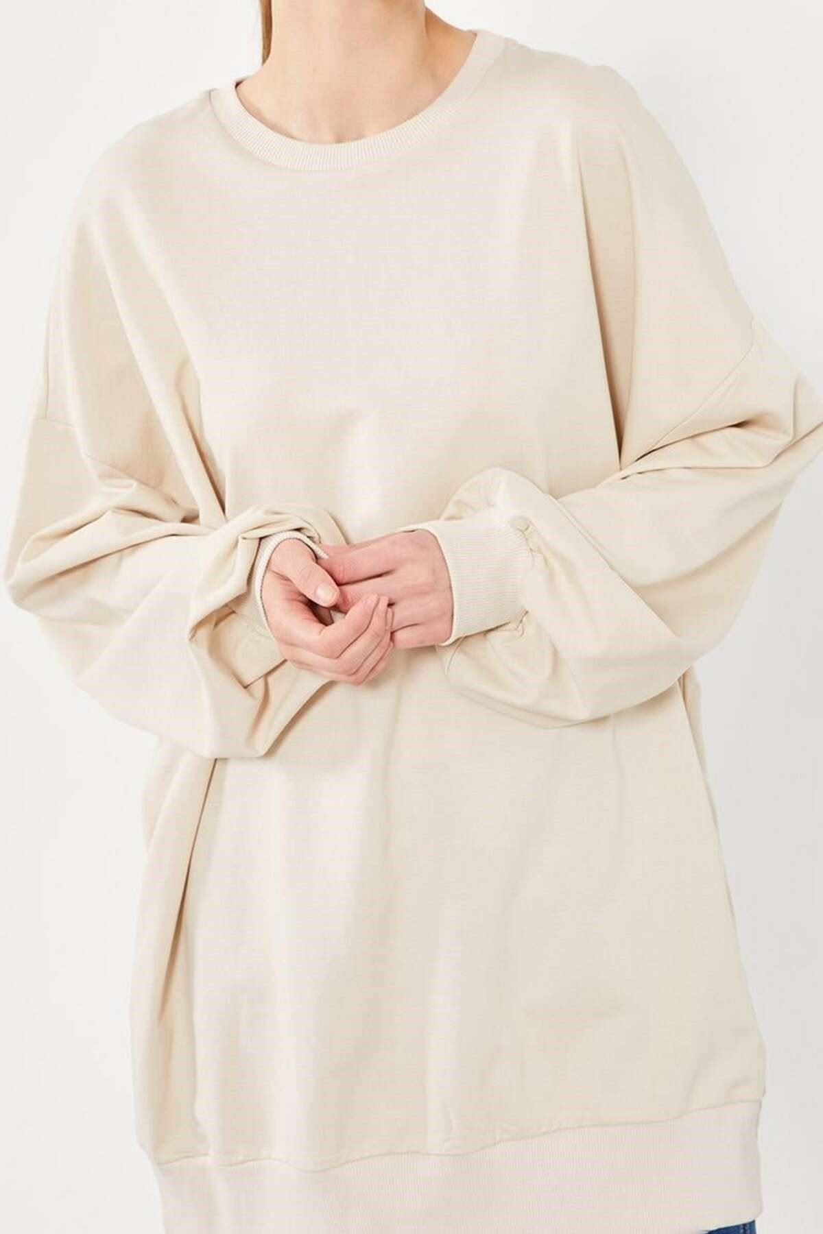 Bej Bisiklet Yaka Tesettür Sweatshirt Tunik