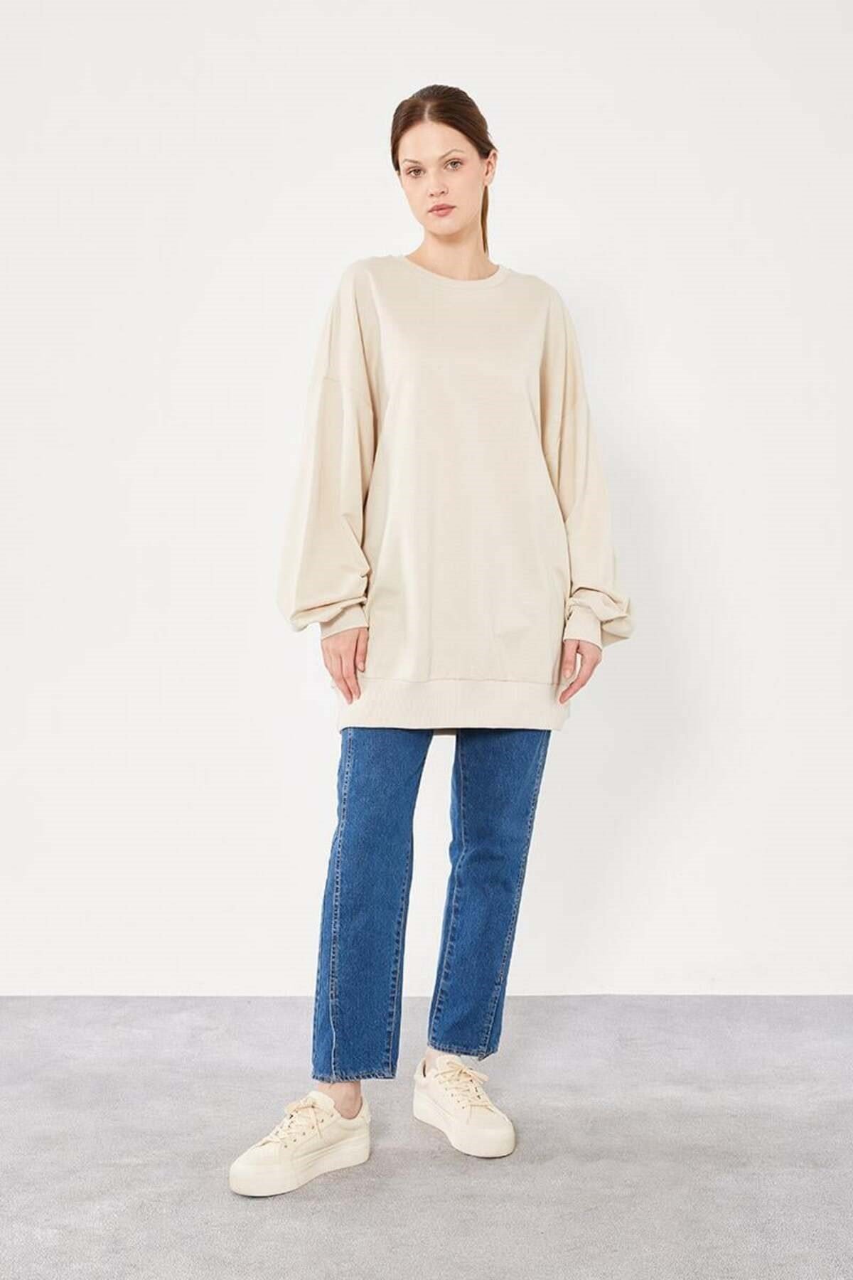 Bej Bisiklet Yaka Tesettür Sweatshirt Tunik