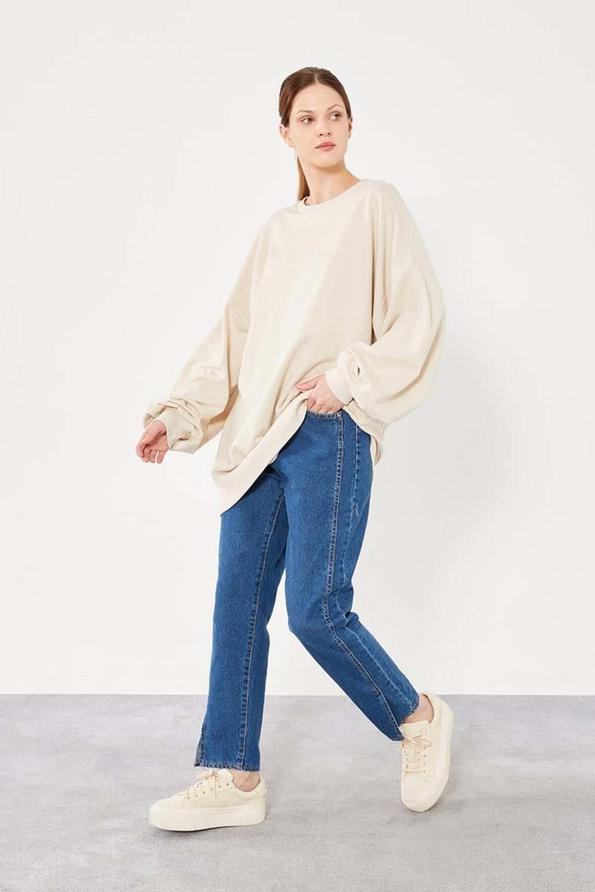 Bej Bisiklet Yaka Tesettür Sweatshirt Tunik