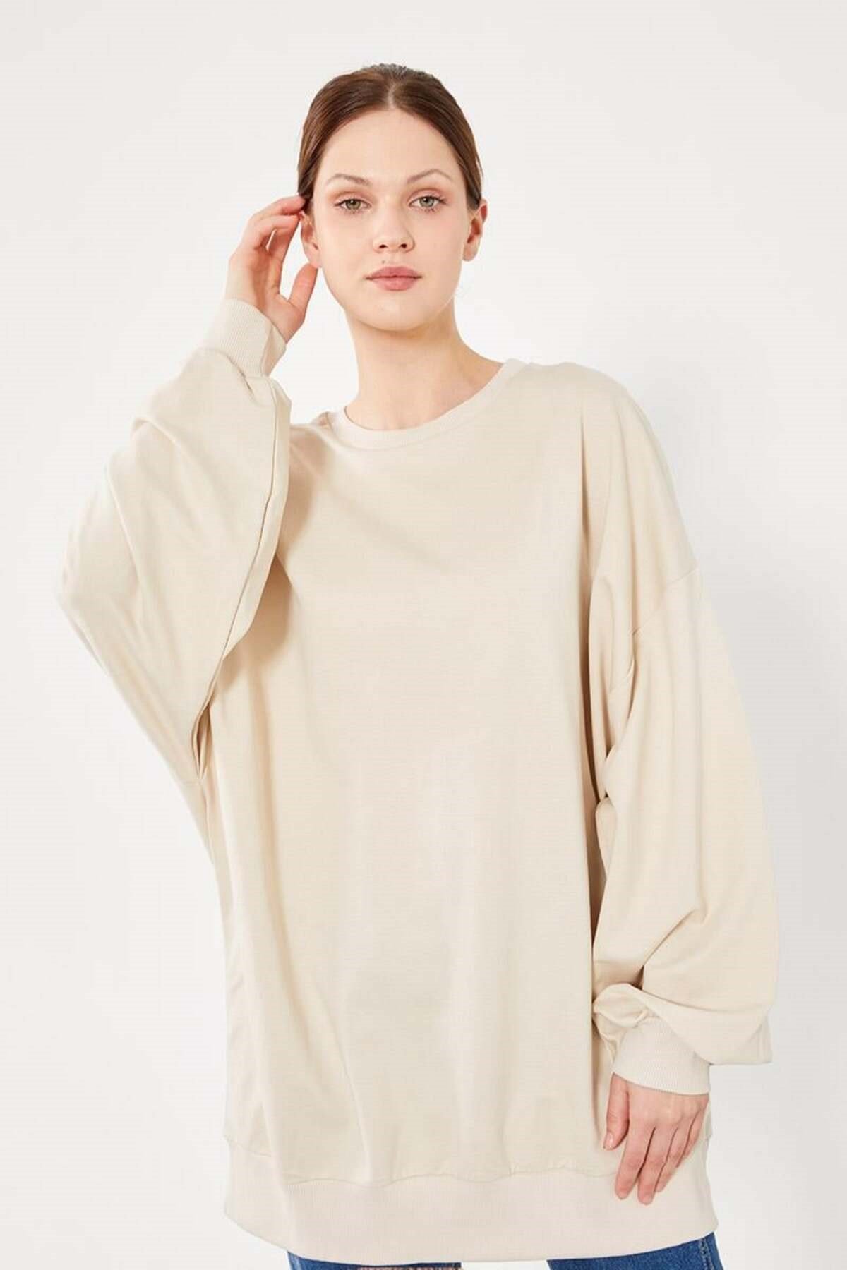 Bej Bisiklet Yaka Tesettür Sweatshirt Tunik