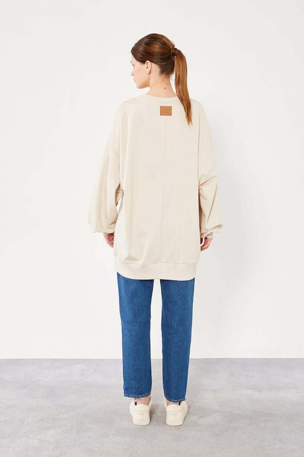 Bej Bisiklet Yaka Tesettür Sweatshirt Tunik