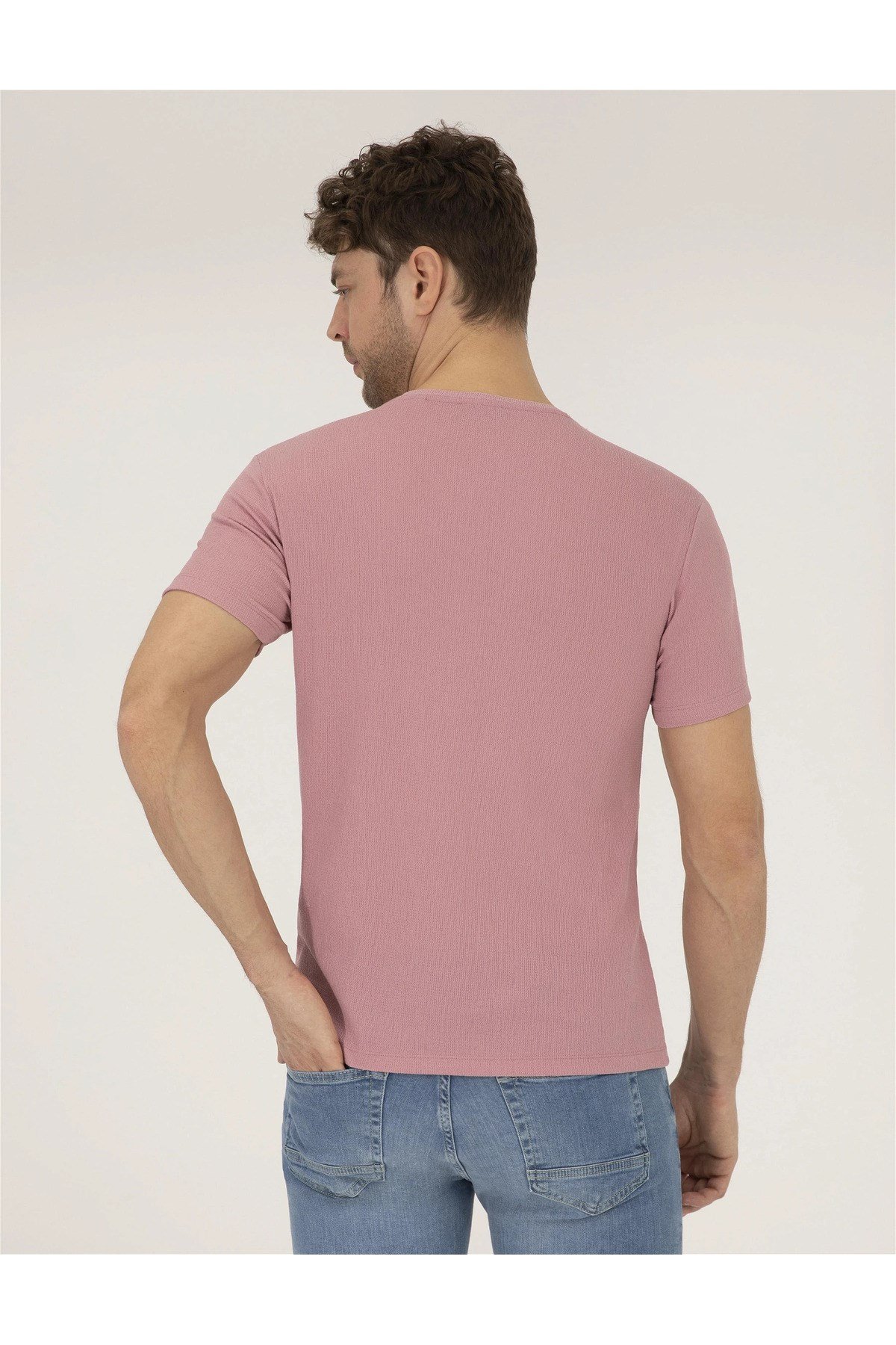 Bej Slim Fit Bisiklet Yaka Tişört