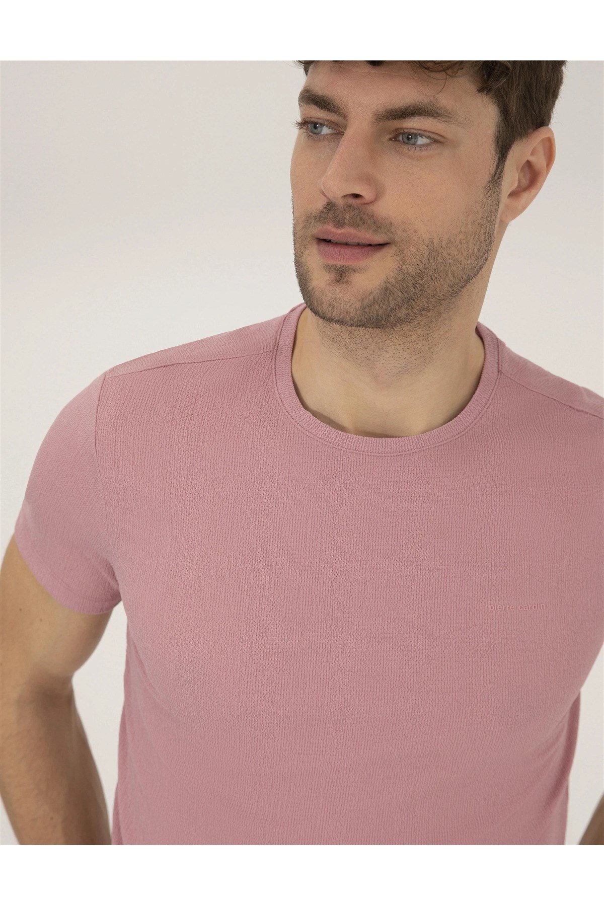 Bej Slim Fit Bisiklet Yaka Tişört