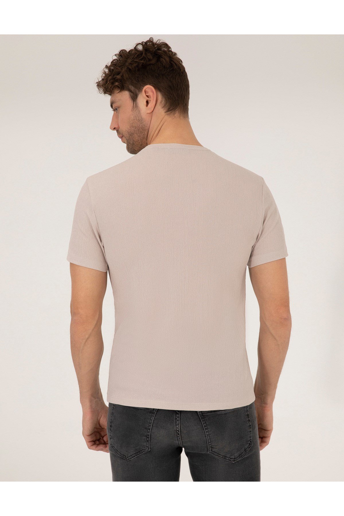 Bej Slim Fit Bisiklet Yaka Tişört