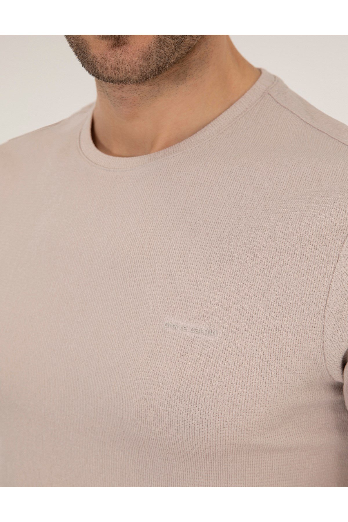 Bej Slim Fit Bisiklet Yaka Tişört