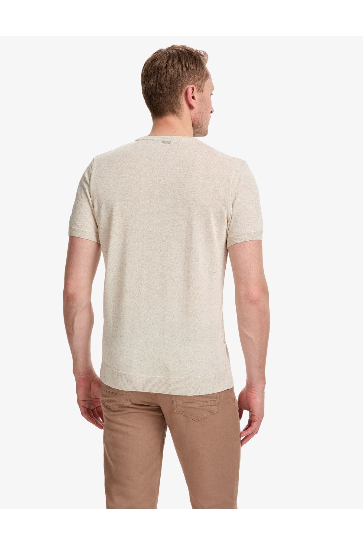Bej Slim Fit Keten Karışımlı Bisiklet Yaka Triko Tişört 50323949-VR011