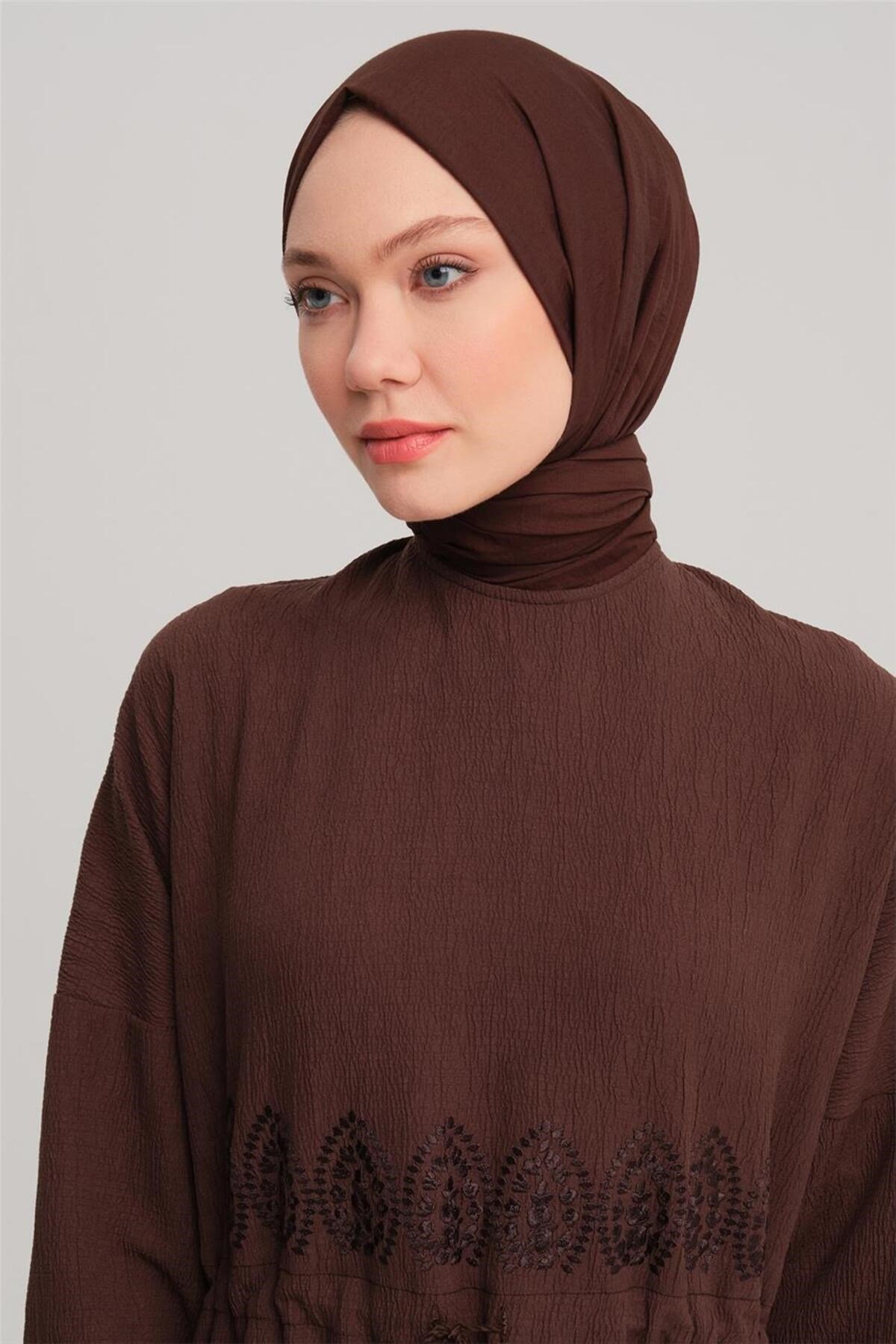 Beli Nakışlı Elbise 24y9811 Acı Kahve