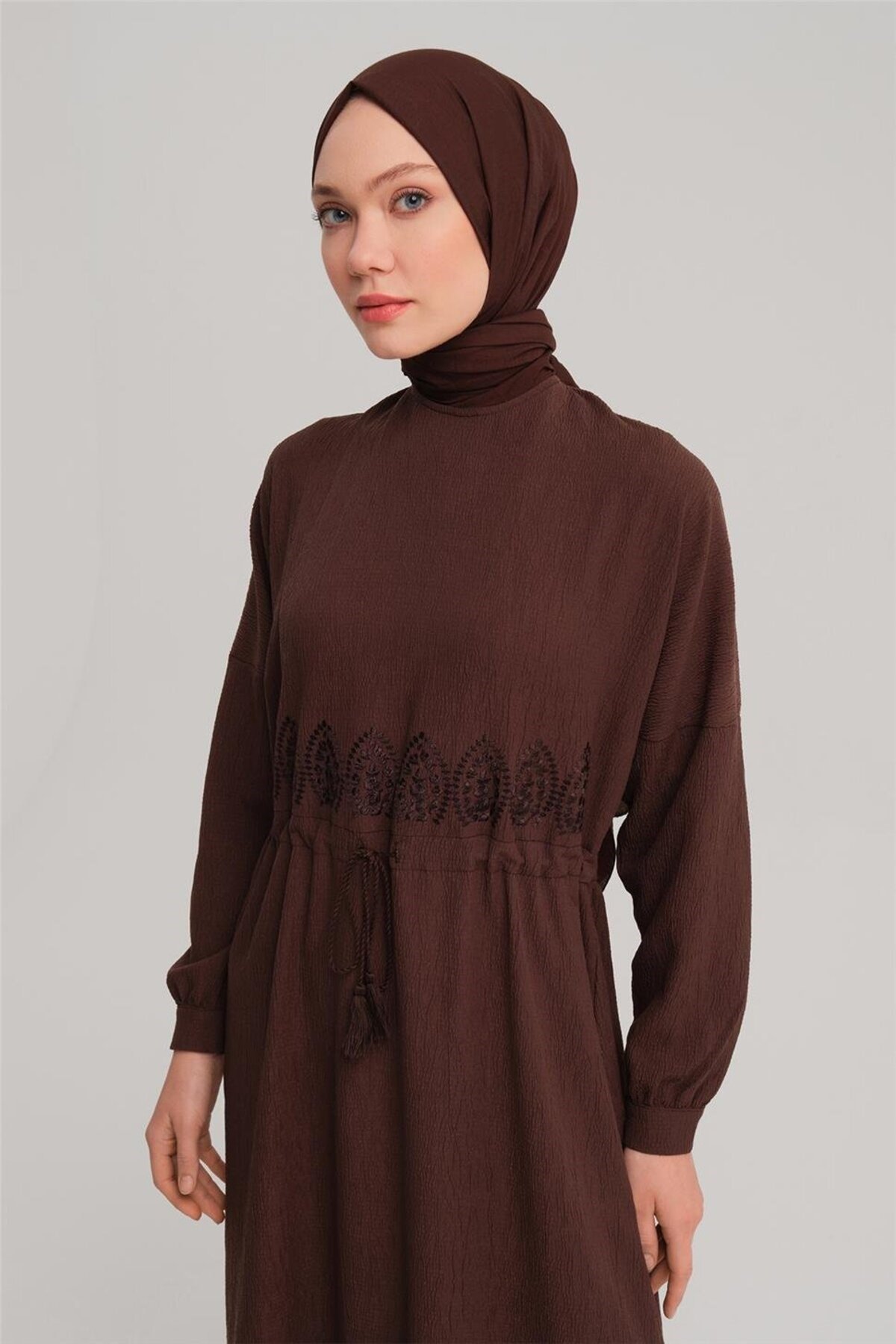 Beli Nakışlı Elbise 24y9811 Acı Kahve