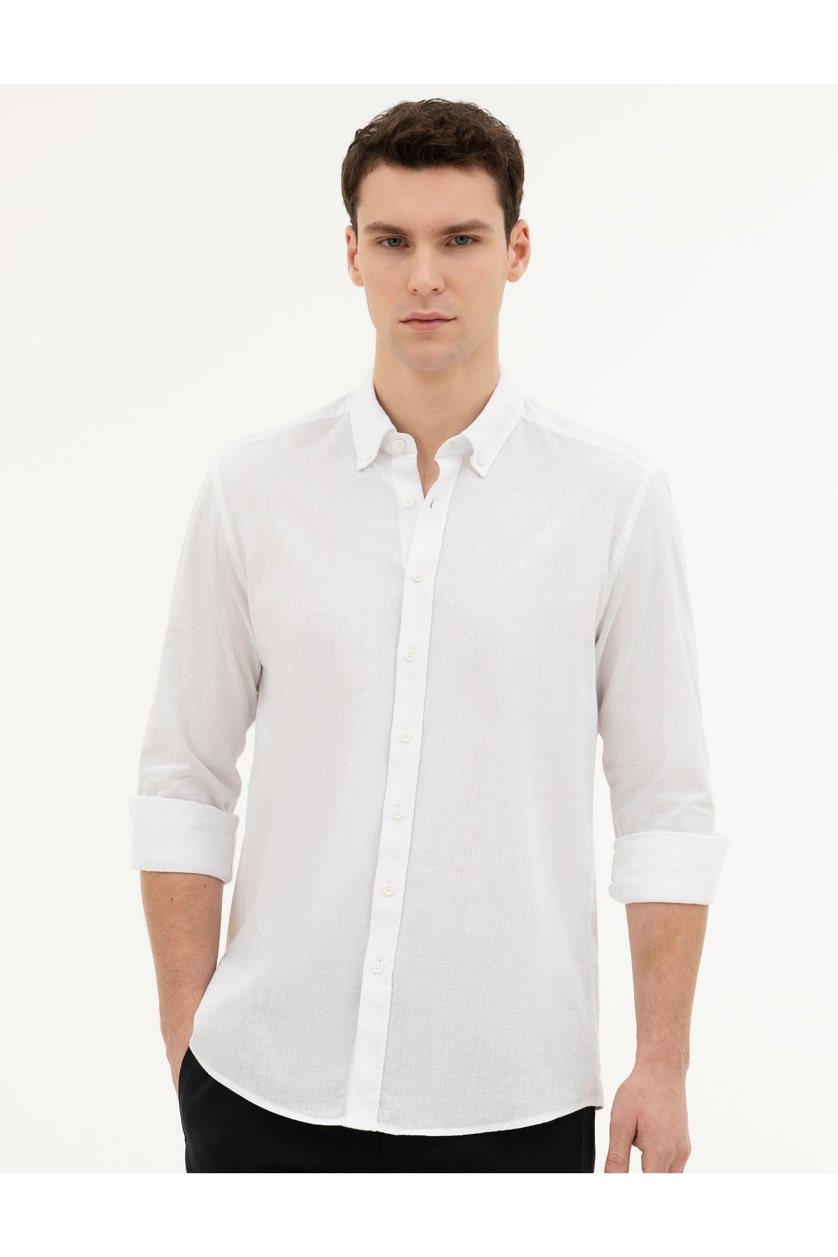 Beyaz Keten Karışımlı Regular Fit Uzun Kollu Gömlek 50284168-VR013
