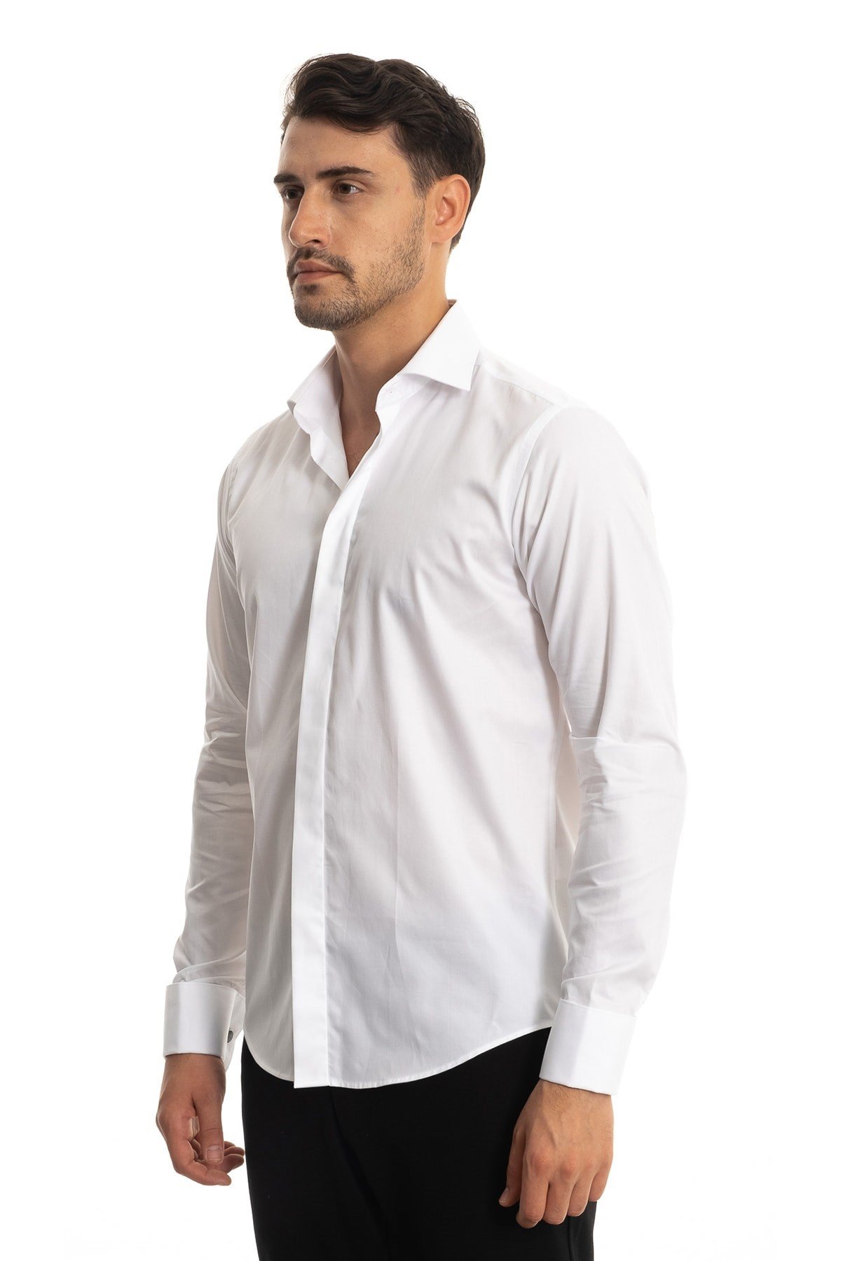 Beyaz Kol Düğmeli Erkek Gömlek Slimfit