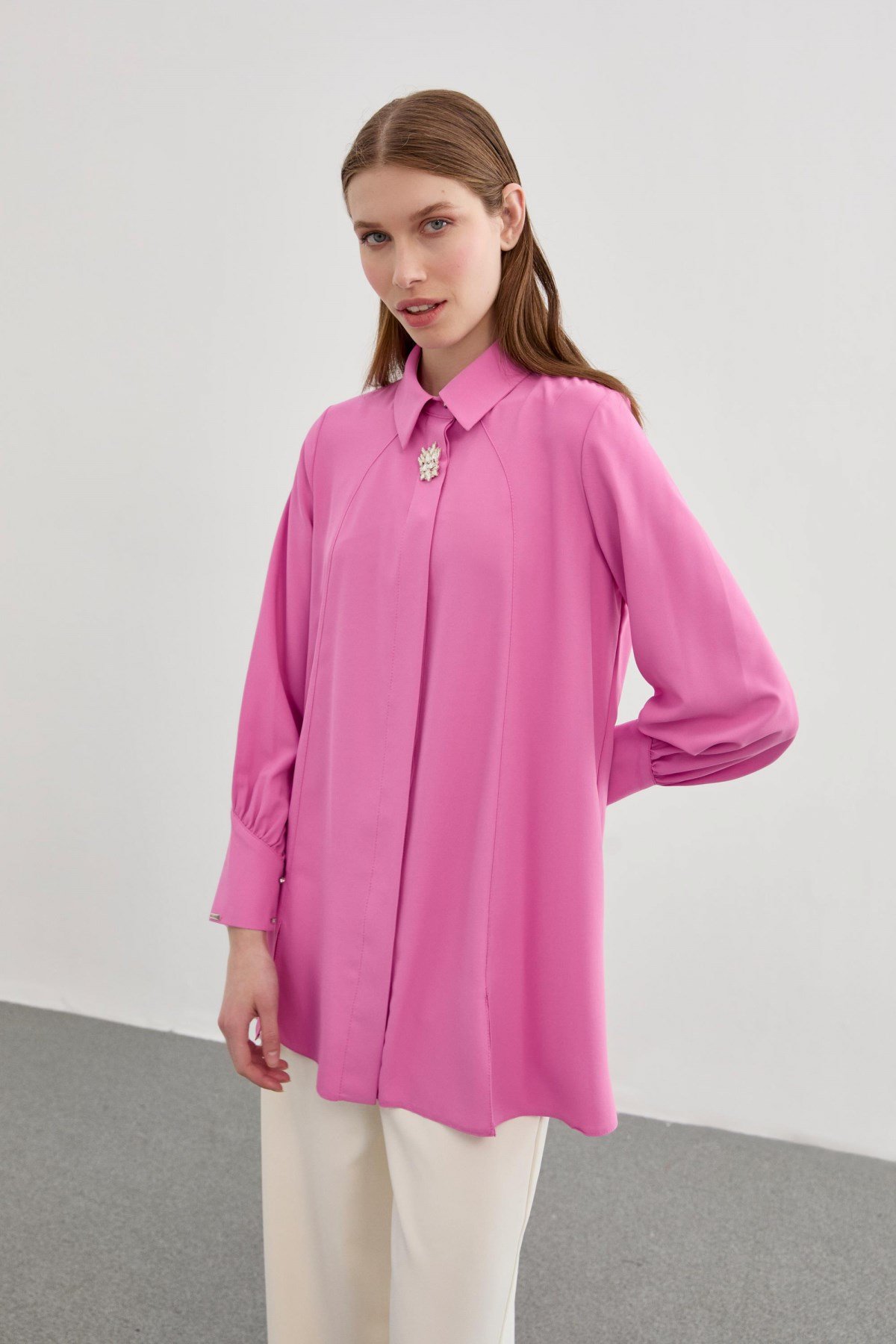 Broş Detaylı Bluz Pembe Bluz 0095