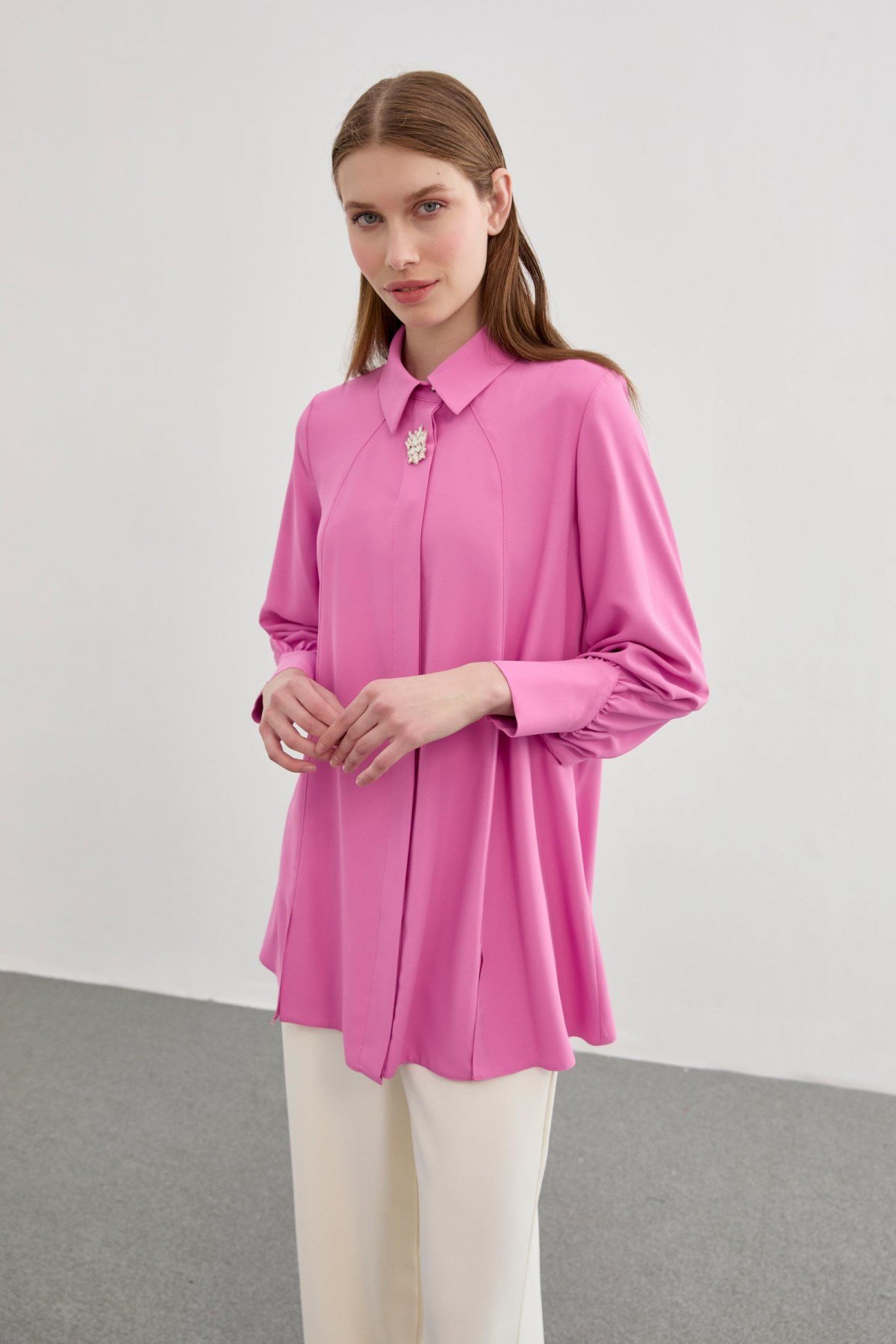Broş Detaylı Bluz Pembe Bluz 0095