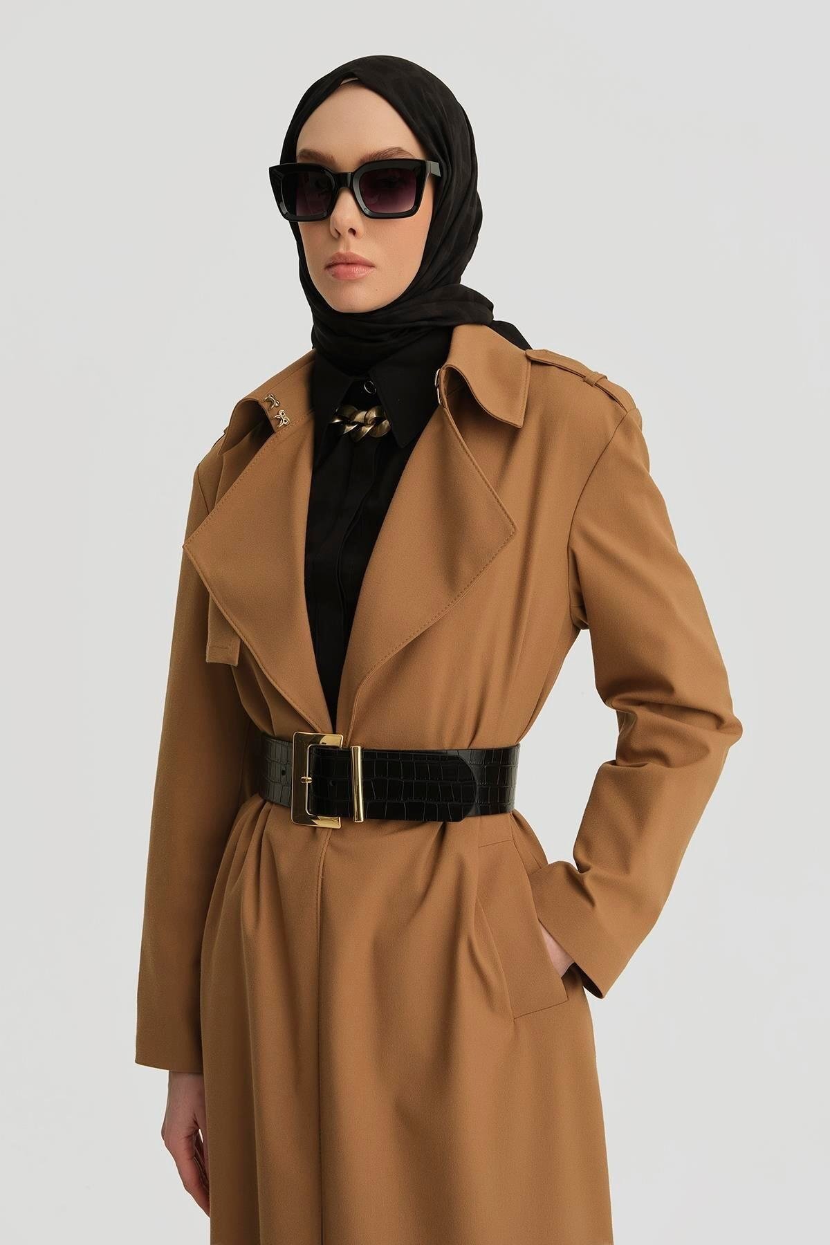 Çift Yakalı Beli Kemerli Pardesü 25y8207 Camel