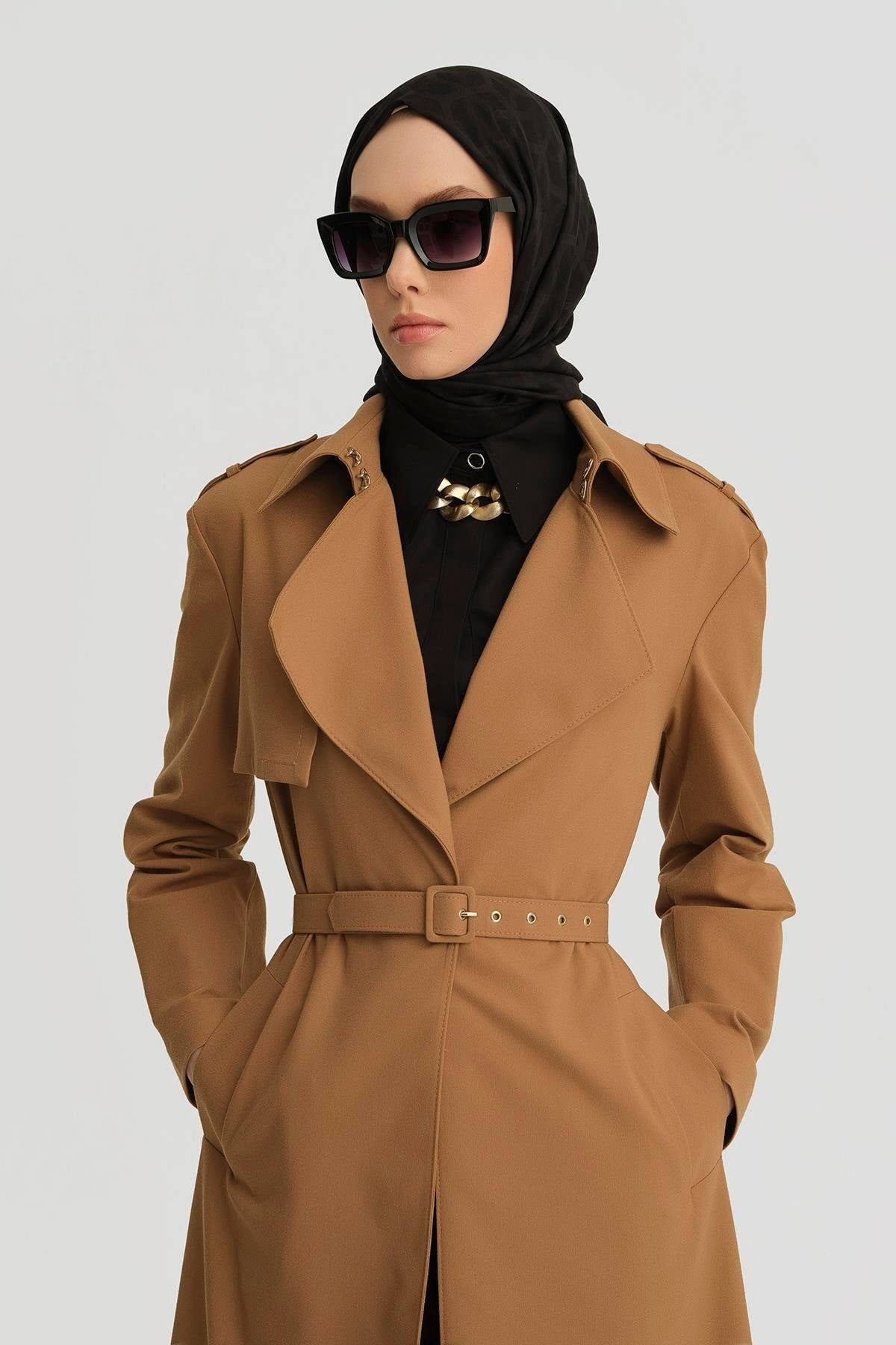 Çift Yakalı Beli Kemerli Pardesü 25y8207 Camel